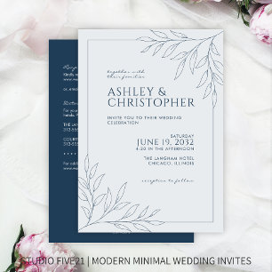 Moderne Blue Foliage Kontur All-in-One Hochzeit Einladung