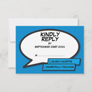 Moderne Blue Fun Comic Book Wedding RSVP Karte