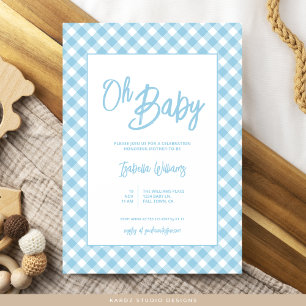 Moderne Blue Gingham Baby Dusche Einladung