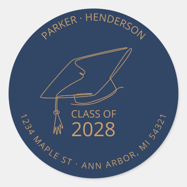 Moderne Blue Gold Cap Graduate Rücksendeadresse Runder Aufkleber (Vorderseite)