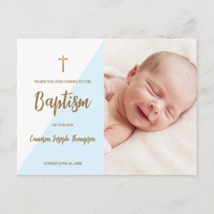 Moderne Blue Gold Cross Custom Baby Boy Taufe Postkarte