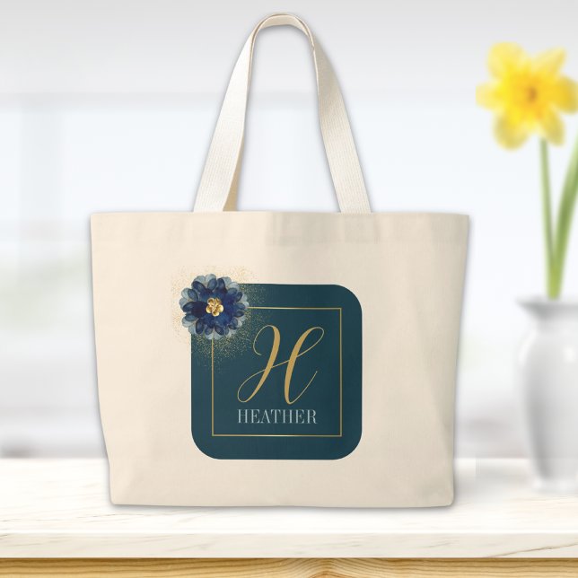 Moderne Blue Gold Floral Name und Monogram Totbeut Jumbo Stoffbeutel (Von Creator hochgeladen)