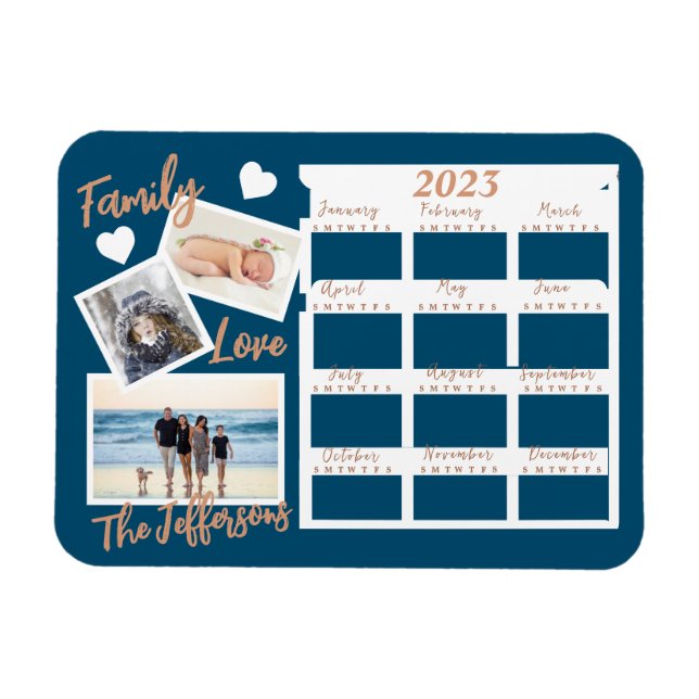 Moderne Blue & Gold New Year Calendar Fotos Magnet (Horizontal)