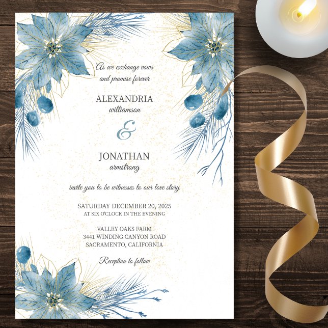 Moderne Blue & Gold Poinsettia Wedding Einladung (Von Creator hochgeladen)