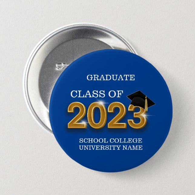 Moderne Blue Graduate Class of 2023 School Name Button (Vorne & Hinten)