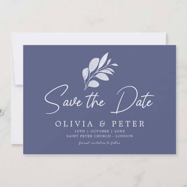 Moderne Blue Gray Foliage Hochzeit Save The Date (Vorderseite)