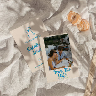 Moderne Blue Hand Drawn Bright Retro Foto Hochzeit Save The Date