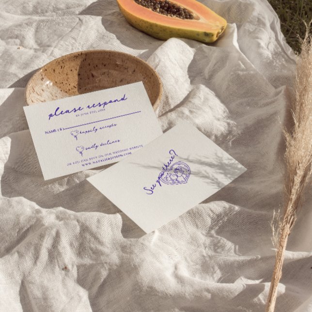 Moderne Blue Hand Drawn Retro Fun Funky Wedding RSVP Karte (Von Creator hochgeladen)