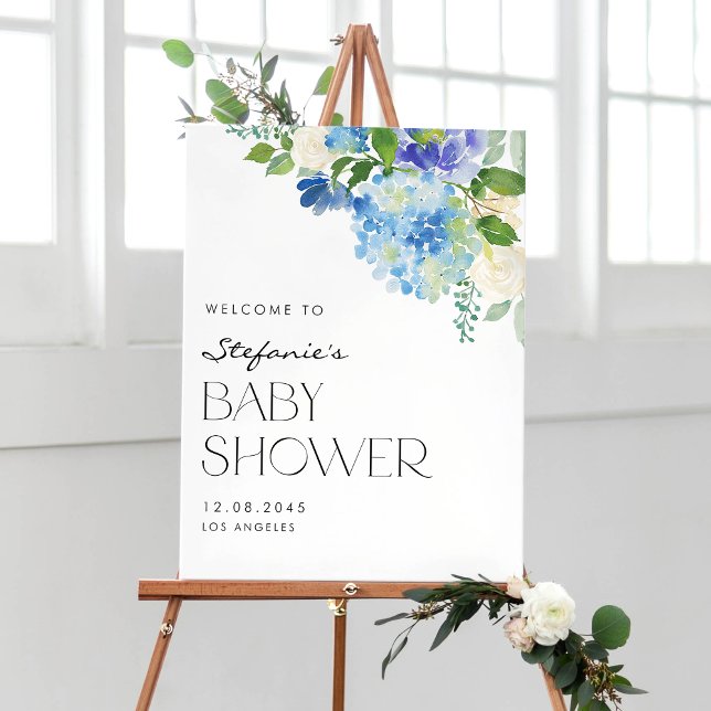 Moderne Blue Hydrangea Blume Babydusche Empfang Poster (Von Creator hochgeladen)
