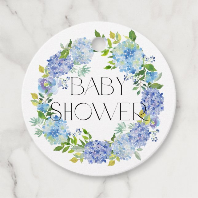 Moderne Blue Hydrangea Blume Wreath Baby Dusche Geschenkanhänger (Vorderseite)