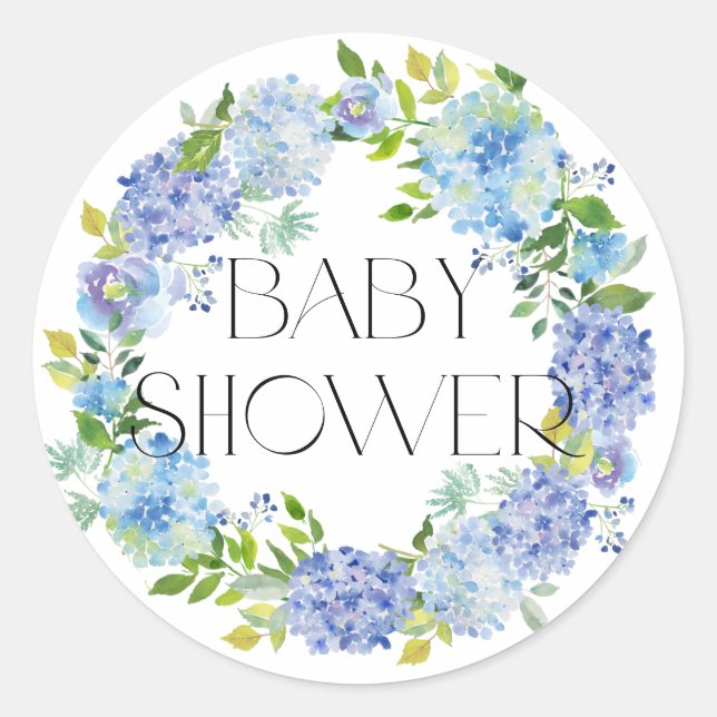 Moderne Blue Hydrangea Wreath Baby Dusche Runder Aufkleber (Vorderseite)