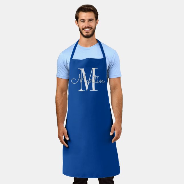 Moderne Blue Monogram Personalisiert Name Schürze (Getragen)