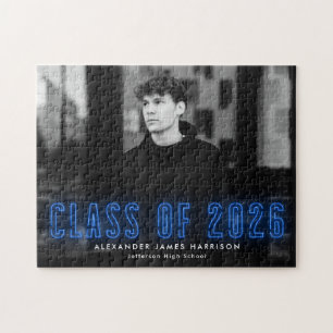 Moderne Blue Neon Class 2025 Abschluss Foto Puzzle