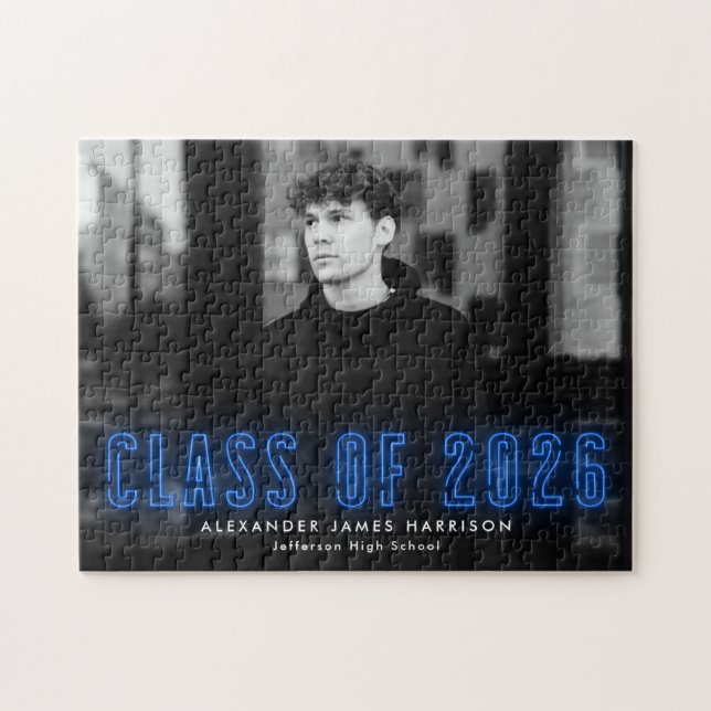 Moderne Blue Neon Class 2025 Abschluss Foto Puzzle (Horizontal)
