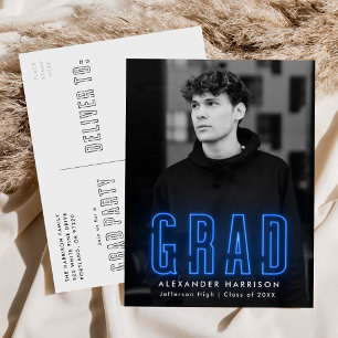 Moderne Blue Neon Foto Graduation Party Einladungspostkarte