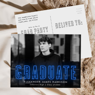 Moderne Blue Neon Foto Graduation Party Einladungspostkarte