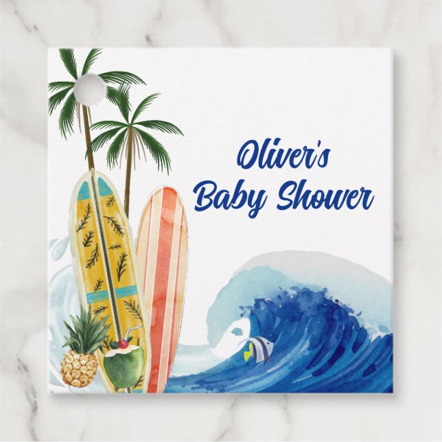Moderne Blue Ocean Wave Surfboard Baby Dusche Geschenkanhänger (Vorderseite)