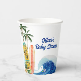 Moderne Blue Ocean Wave Surfboard Baby Dusche Pappbecher