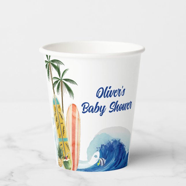 Moderne Blue Ocean Wave Surfboard Baby Dusche Pappbecher (Vorderseite)