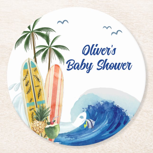 Moderne Blue Ocean Wave Surfboard Baby Dusche Runder Pappuntersetzer (Vorderseite)