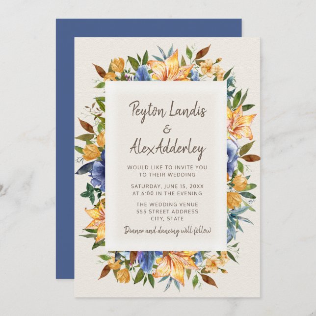 Moderne Blue Orange Tan Floral Wedding Einladung (Vorne/Hinten)