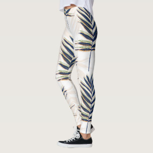 Moderne Blue Palm Blätter Gold Schlaglöcher Wei Leggings