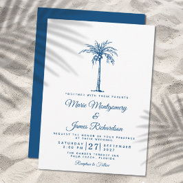 Moderne Blue Palm Tropical Beach Hochzeit Einladung