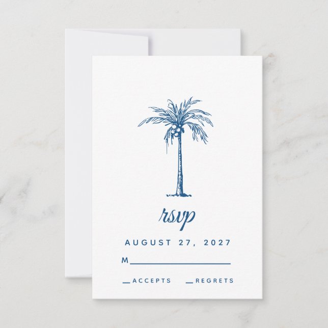 Moderne Blue Palm Tropical Beach Hochzeit RSVP Karte (Vorderseite)