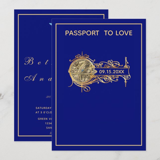 Moderne Blue Passport Hochzeit Einladung (Vorne/Hinten)