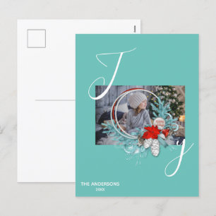 Moderne Blue Pine Wreath Joy Foto Holiday Card Feiertagspostkarte