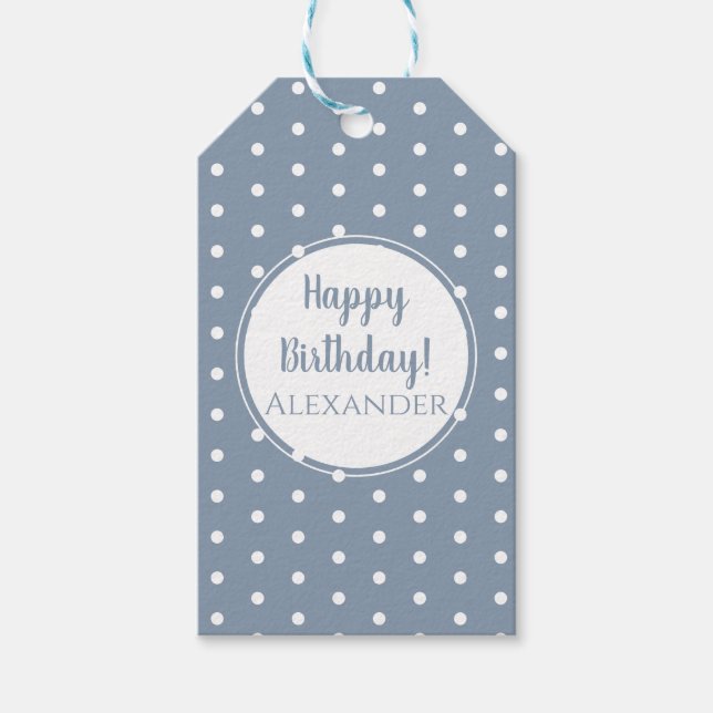 Moderne Blue Polka Dots Name Happy Birthday Geschenkanhänger (Vorderseite)