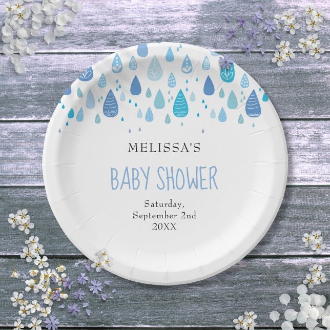 Moderne Blue Raindrops Baby Boy Dusche Sprinkle Pappteller (Modern Blue Raindrops Baby Boy Shower Sprinkle Paper Plates)