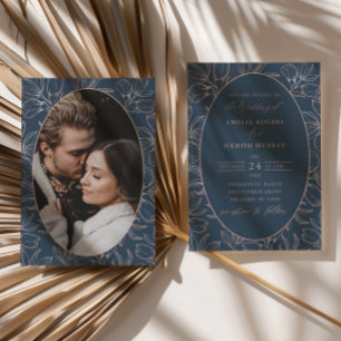 Moderne Blue & Rose Gold Foliage Einladung