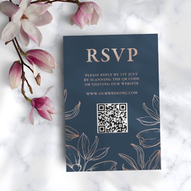 Moderne Blue & Rose Gold Foliage UAWG QR Hochzeit RSVP Karte (Von Creator hochgeladen)