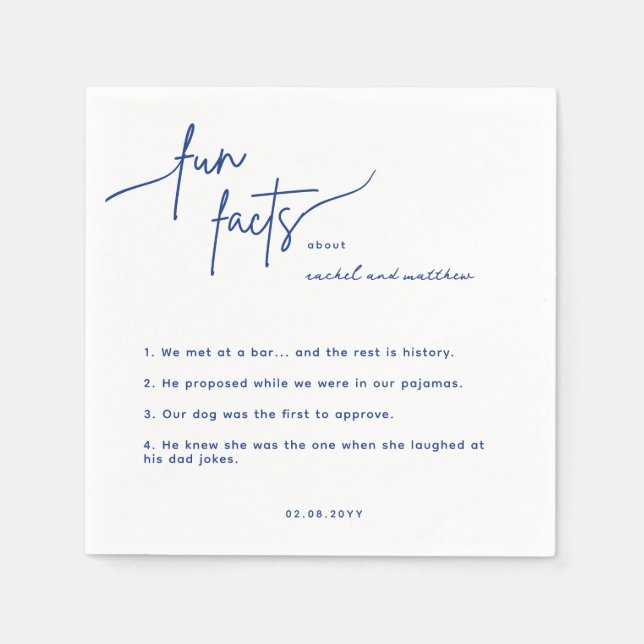Moderne Blue Script Fun Fakten Hochzeiten von Napk Serviette (Vorderseite)