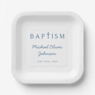Moderne Blue Script Religious Cross Boy Baptism Pappteller