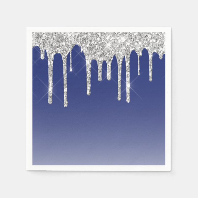 Moderne Blue Silver Glitzer Tropfen Serviette (Vorderseite)