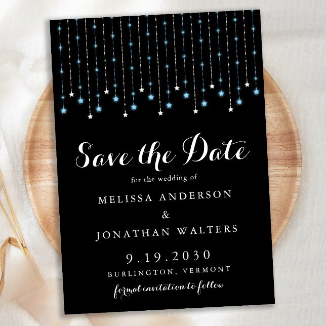 Moderne Blue Silver Stars String Lights Wedding Save The Date (Von Creator hochgeladen)