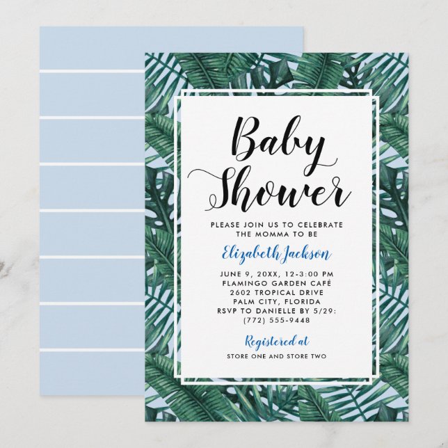 Moderne Blue Tropical Palm Blätter Baby Boy Dusche Einladung (Vorne/Hinten)