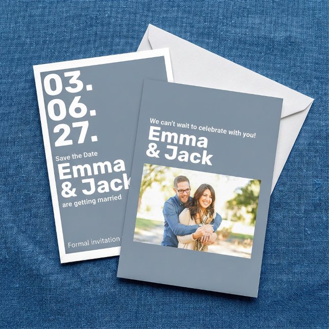 Moderne Blue Vertical Date Hochzeit Save The Date (Modern Blue Vertical Date Wedding Save The Date.)