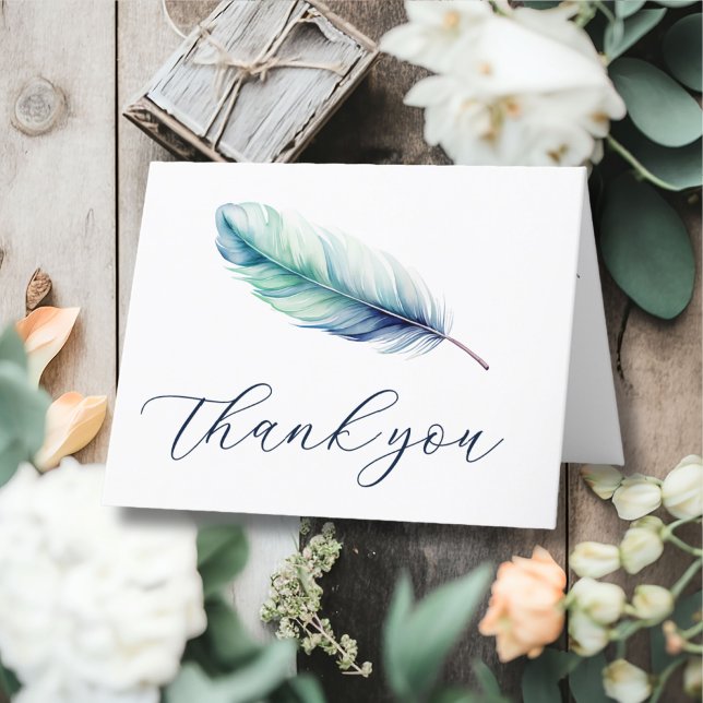 Moderne Blue Watercolor Feather Wedding Dankeskarte (Von Creator hochgeladen)