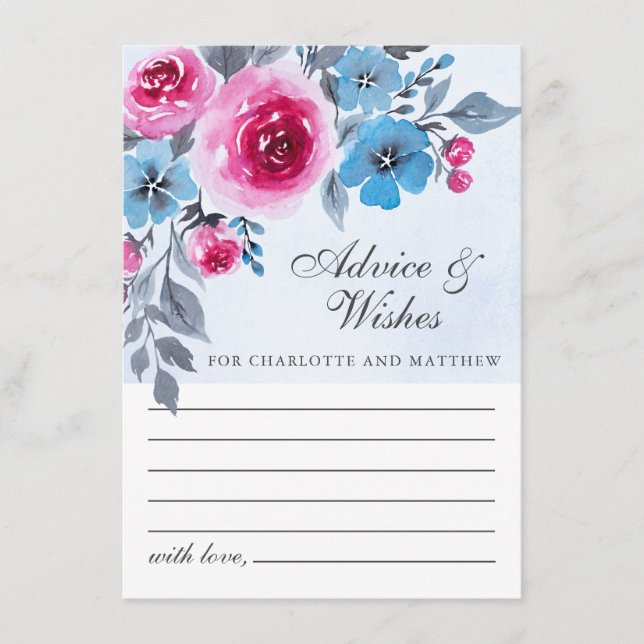 Moderne Blue Watercolor Floral Wedding Advice Card Hinweiskarte (Vorderseite)