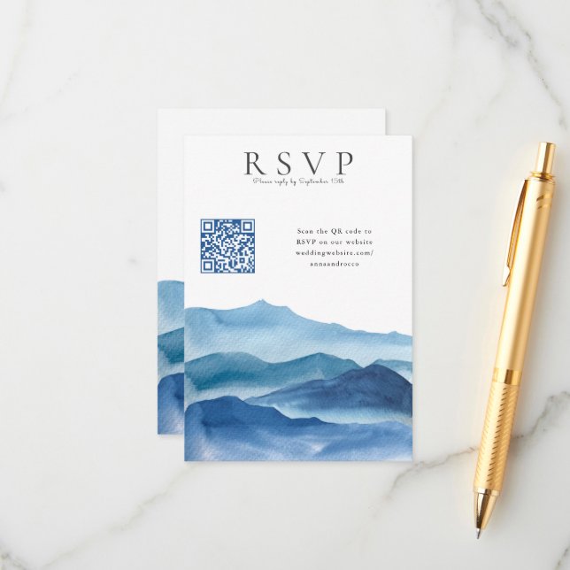 Moderne Blue Watercolor UAWG mit QR Code Wedding Begleitkarte (Vorderseite/Rückseite Beispiel)