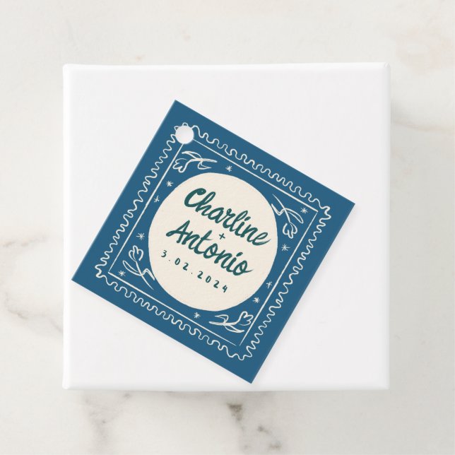 Moderne Blue Wavy Handwriting Retro Wedding Geschenkanhänger (Beispiel)