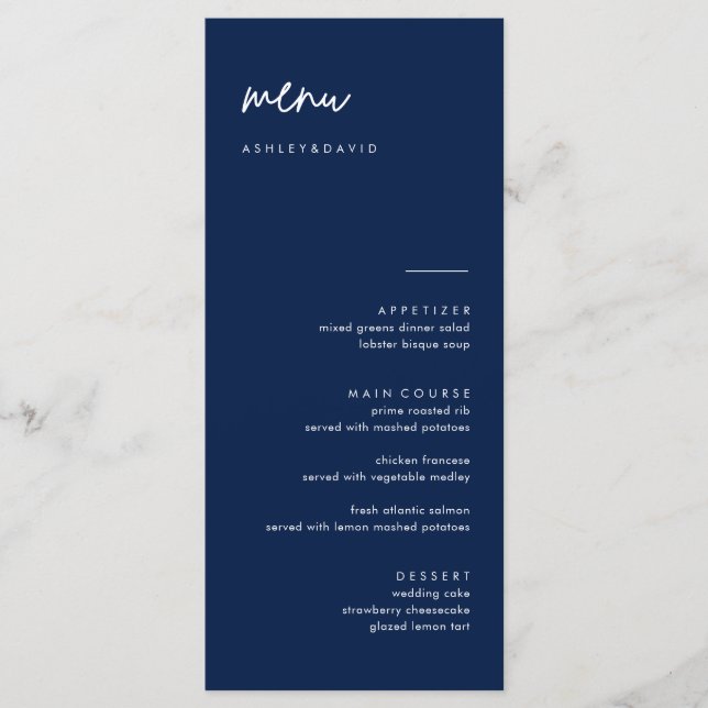Moderne Blue Wedding Menu Cards Menükarte (Vorderseite)