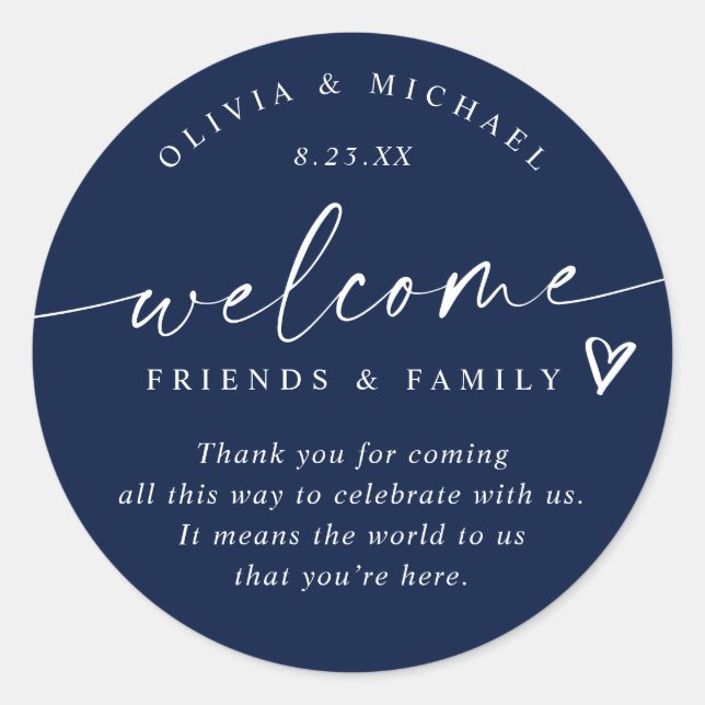Moderne Blue Wedding Welcome Hotel Tag Runder Aufkleber (Vorderseite)