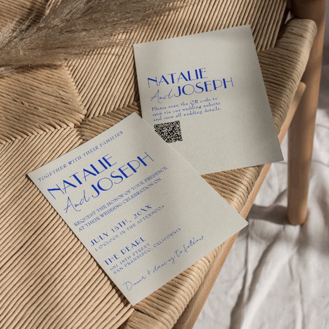 Moderne Blue Whimsical French Retro QR Code Hochze Einladung (Von Creator hochgeladen)