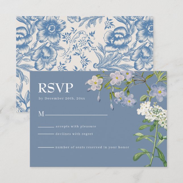 Moderne Blue & White Floral Wedding RSVP Card Karte (Vorne/Hinten)