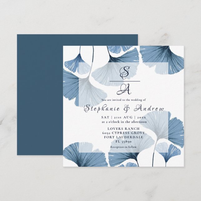 Moderne Blue & White Foliage Hochzeit Einladung (Vorne/Hinten)