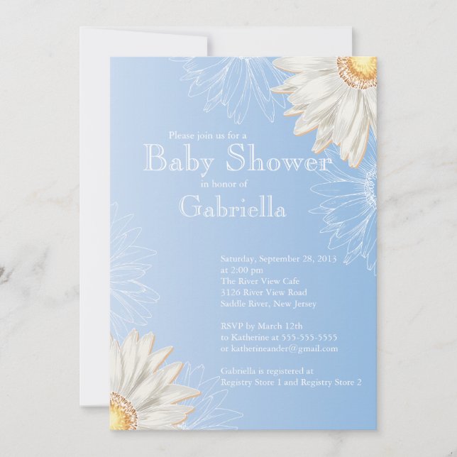 Moderne Blue & White Gerbera Daisy Baby Dusche Einladung (Vorderseite)
